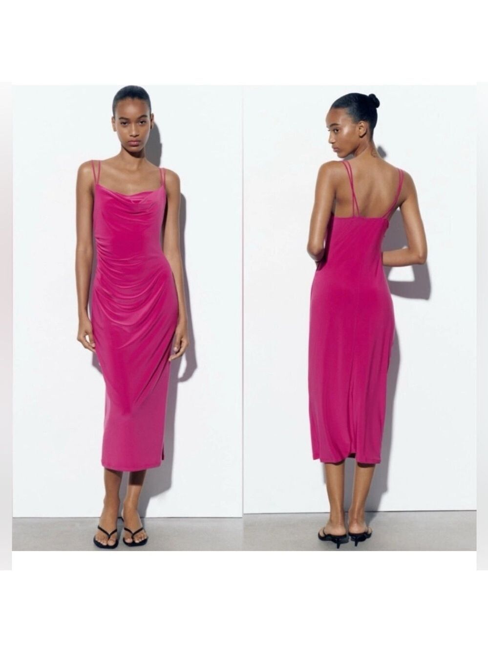 Zara fuchsia hot pink draped gathered cowl neck spaghetti strap midi dress NWOT